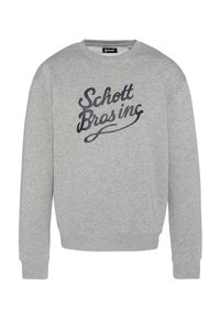 Felpa grigia a maniche lunghe con la scritta "Schott Bros inc" stampata in carattere corsivo nero sul petto.