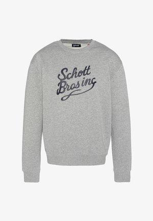 Sudadera gris de manga larga con "Schott Bros inc" impreso en fuente cursiva negra en el pecho.