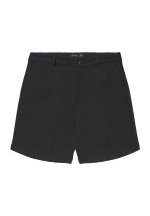 Pantaloncini neri su misura con chiusura a bottoni, passanti per cintura e tasche laterali, distesi su uno sfondo bianco.