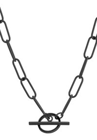 Sorte metal kædende halskæde med forlængede led og en cirkulær lås med en lige stang. Glat tekstur, minimalistisk design.