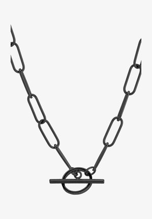 Sorte metal kædende halskæde med forlængede led og en cirkulær lås med en lige stang. Glat tekstur, minimalistisk design.