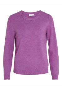 Lila tröja i mjukt tyg, med rundad hals, långa ärmar och ribbade muddarna. Designen är enkel och sömlös.