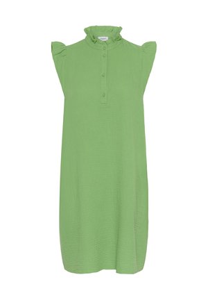 Abito verde chiaro in tessuto testurizzato, con colletto arricciato, maniche corte e una fila di bottoni sul davanti. Semplice silhouette ad A.
