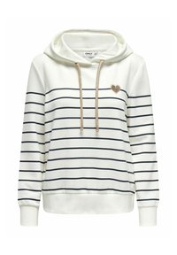 Biała bluza z kapturem z czarnymi poziomymi paskami, złotymi sznureczkami i małym, błyszczącym złotym sercem po lewej stronie klatki piersiowej.