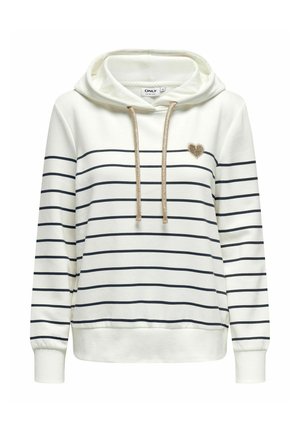 Hvit hettegenser med svarte horisontale striper, gull snor og et lite glitrende gullhjerte på venstre bryst.