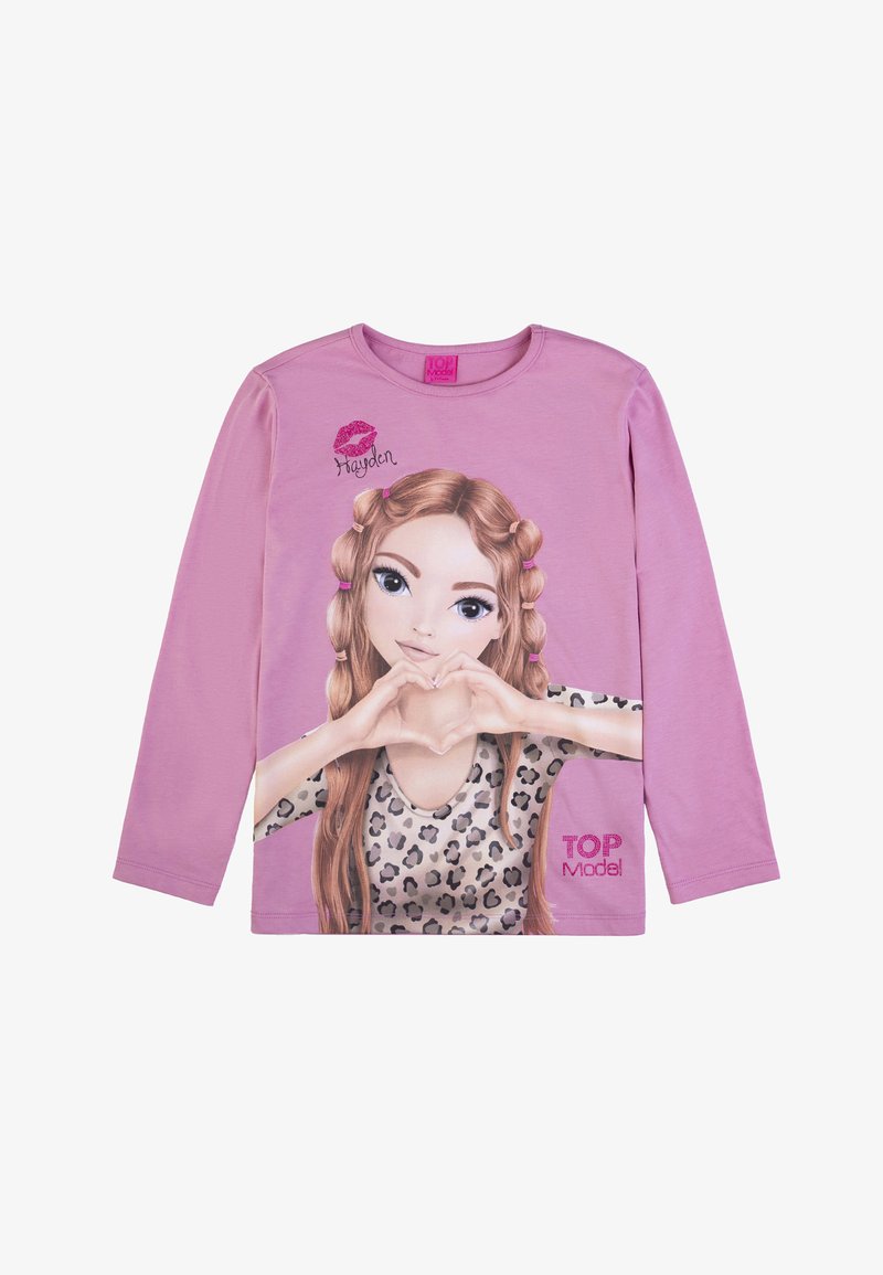 Langärmliges pinkes T-Shirt mit Grafik eines Mädchens, das eine Herzgeste macht und ein Leopardenmuster-Oberteil trägt. Mit dem Text "Hayden" und "TOP Model!".