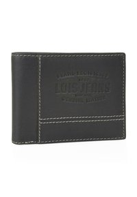 Cartera de cuero genuino negro con logotipo en relieve, con costuras de contraste y un diseño rectangular delgado para el almacenamiento de tarjetas y efectivo.