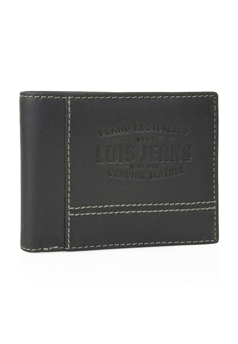 Cartera de cuero genuino negro con logotipo en relieve, con costuras de contraste y un diseño rectangular delgado para el almacenamiento de tarjetas y efectivo.