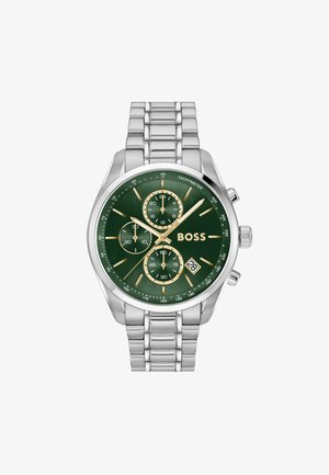 Silbernes Edelstahl-Chronograph-Armbanduhr mit grünem Zifferblatt, goldenen Stundenmarkierungen, drei Nebenzifferblättern und einer Datumsanzeige bei 6 Uhr.