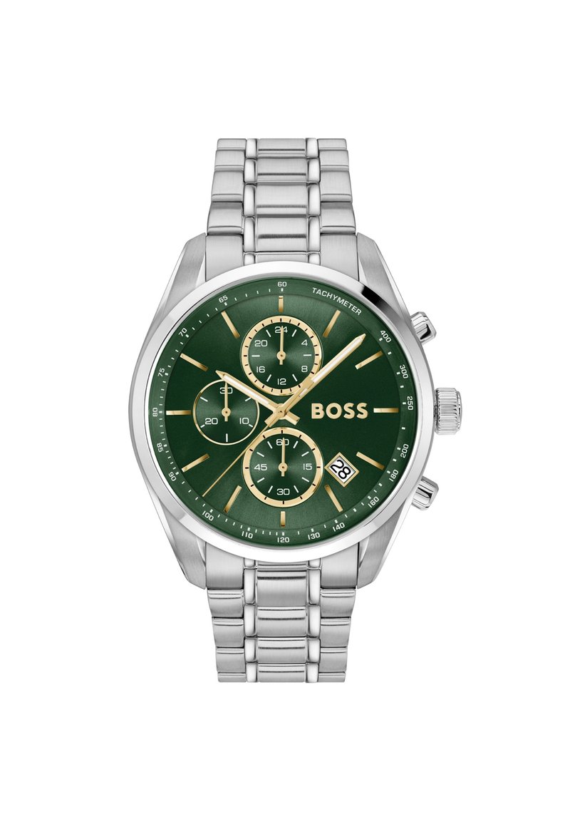 Silbernes Edelstahl-Chronograph-Armbanduhr mit grünem Zifferblatt, goldenen Stundenmarkierungen, drei Nebenzifferblättern und einer Datumsanzeige bei 6 Uhr.