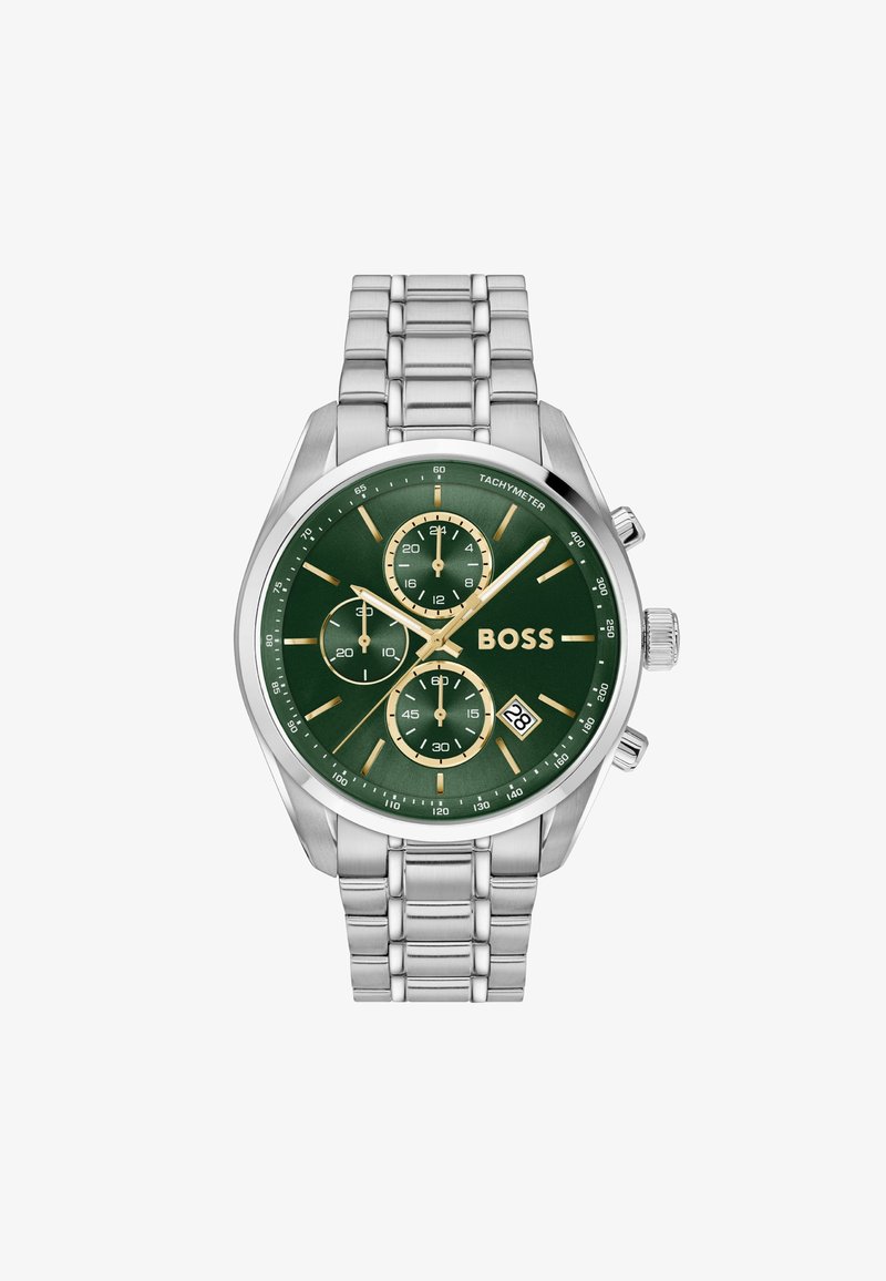 Silbernes Edelstahl-Chronograph-Armbanduhr mit grünem Zifferblatt, goldenen Stundenmarkierungen, drei Nebenzifferblättern und einer Datumsanzeige bei 6 Uhr.