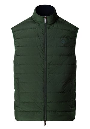 Donkergroen mouwloos gewatteerd vest met rits aan de voorkant, opstaande kraag en zijzakken.