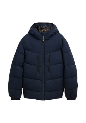 Dunkelblaue Daunenjacke mit Kapuze, ausgestattet mit horizontalen Steppnähten, durchgehendem Reißverschluss und zwei Reißverschlusstaschen. Orangefarbene Reißverschlussdetails.