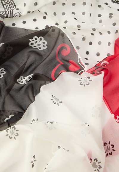 Sheer scarf featuring a mix of colors: white with black polka dots, black with floral patterns, and red accents. Lightweight fabric, soft texture.