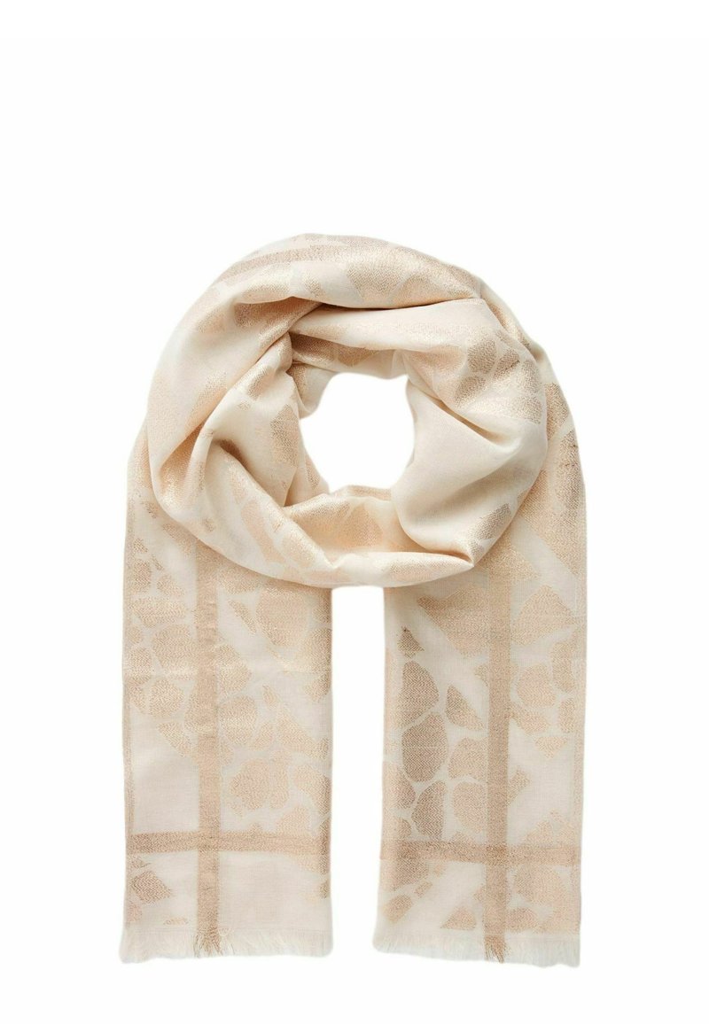 Helebeige sall, millel on lillemuster, pehme tekstuur, franseeritud ääred ja elegantne langevus. Valmistatud kergest, hingavast materjalist.