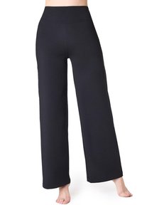 Czarne spodnie o szerokich nogawkach, wykonane z elastycznego materiału, z wysokim stanem, charakteryzujące się prostymi liniami i brakiem widocznych wzorów lub akcentów.