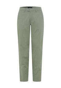 Chino pants in light green, made of cotton. Features a flat front, side pockets, and a button closure. Straight-leg design.