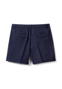 Námořnické modré šortky vyrobené z bavlny, s dvěma zadními kapsami na knoflíky a ohrnutými lemy. Hladký povrch a střih přizpůsobený postavě.