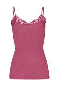 Light pink camisole with lace trim at the neckline, adjustable spaghetti straps, ribbed texture, and fitted shape for a snug fit.