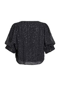 Sort bluse med et tekstureret, mønsterdesign med metalliske detaljer. Puffærmer med knapdetaljer. Gennemsigtigt stof med en afslappet pasform.