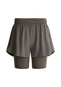 Short de sport deux-en-un gris foncé avec une couche extérieure ample et un short intérieur de compression ajusté en dessous, ceinture élastique, vue de face.