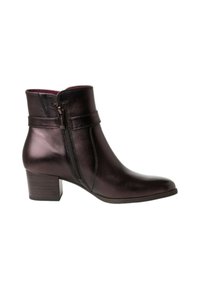 Bottes pour femmes en cuir bordeaux foncé avec une fermeture éclair sur le côté, un talon fin et une finition lisse. Caractéristiques d'un subtil détail de couture.