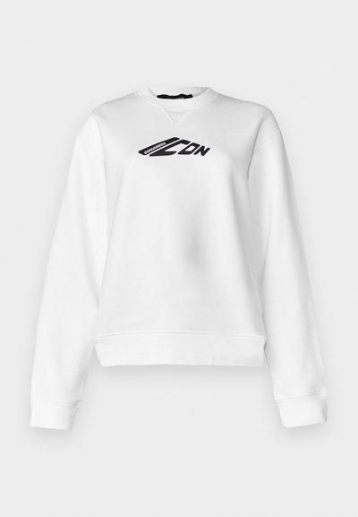 White sweatshirt featuring a round neck and long sleeves. Black graphic text on the chest. Soft fabric with a slightly cropped fit.