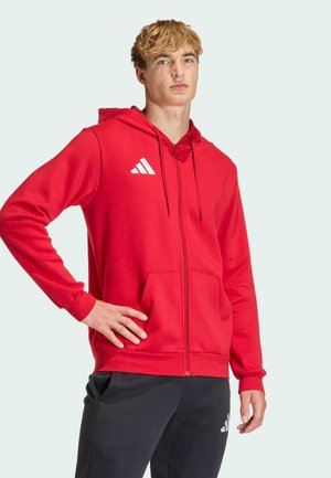 Junger Mann mit lockigem blondem Haar, der einen roten Kapuzenpullover mit Reißverschluss und schwarze Hose trägt und mit einer Hand auf der Hüfte vor einfachem Hintergrund steht.