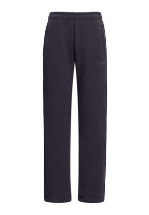 Mørkegrå joggebukser laget av mykt stoff, med elastisk midjebånd, to sidelommer, og et minimalistisk design uten mønstre eller detaljer.