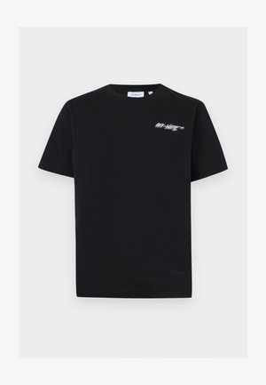 T-shirt noir à manches courtes avec petit logo blanc "Off-White™" sur le côté gauche de la poitrine et col rond.