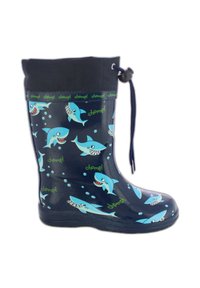 Botte de pluie en caoutchouc bleue avec un fond marine, des motifs de requin ludiques et une étiquette d'accent verte "chomp!" avec un cordon de serrage.