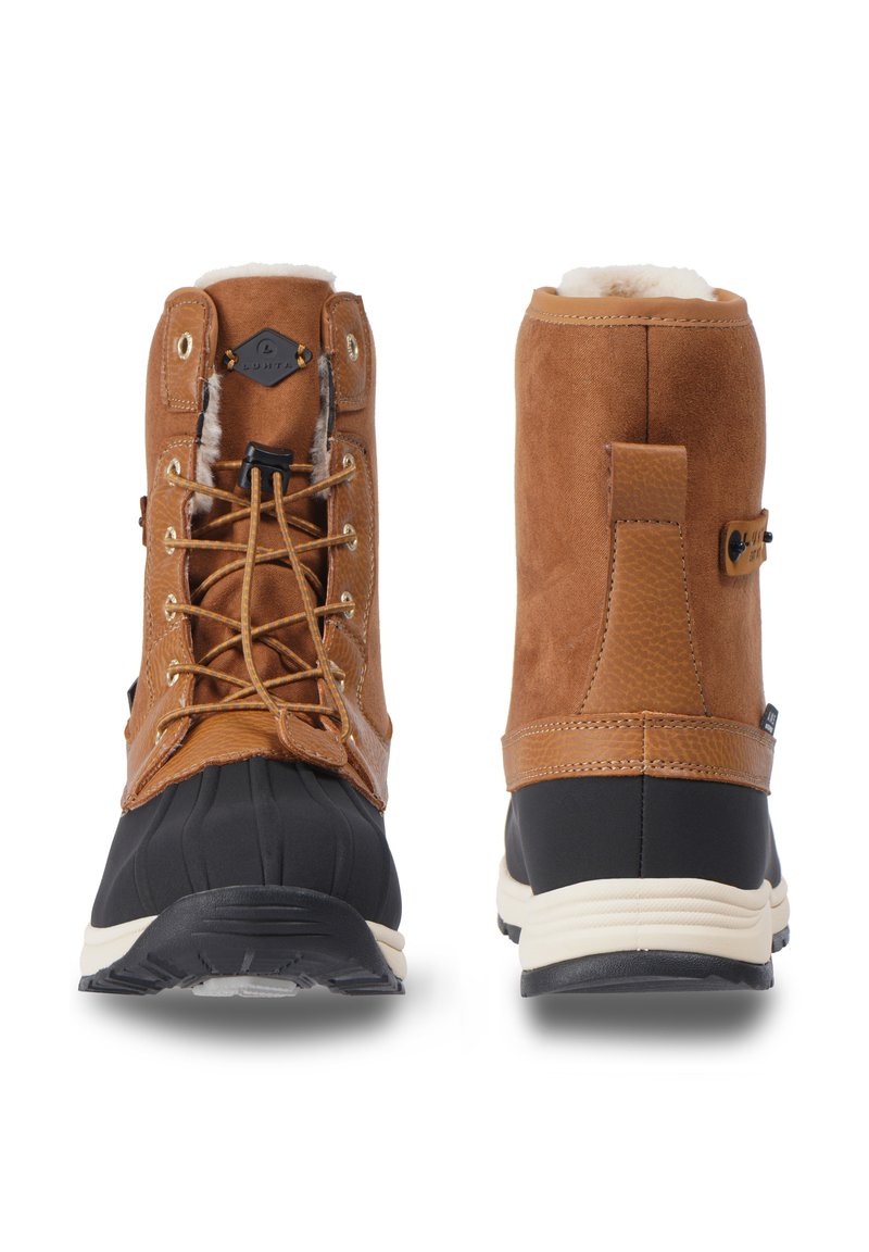 Braune Leder- und synthetische Winterstiefel mit strukturiertem Finish, Fellfutter, Schnürfront und Gummisohlen. Mit Logo-Akzent.