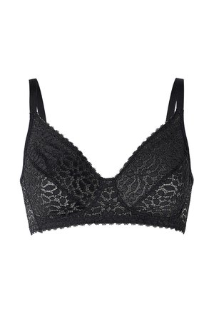 Bralette in pizzo nero con scollatura a V morbida, spalline regolabili e bordi scallop, caratterizzato da un motivo in pizzo floreale e fascia elastica.
