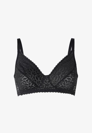 Bralette in pizzo nero con scollatura a V morbida, spalline regolabili e bordi scallop, caratterizzato da un motivo in pizzo floreale e fascia elastica.
