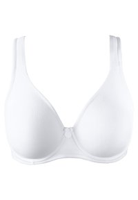 Reggiseno a coppa modellata bianco con spalline regolabili, texture liscia e dettaglio centrale. Design semplice senza pattern visibili o hardware.