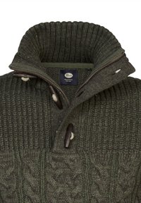 Strickpullover in Dunkelgrün, mit hohem Kragen, Ripptextur, Zopfstrickmuster und braunen Knöpfen mit cremefarbenen Akzenten.