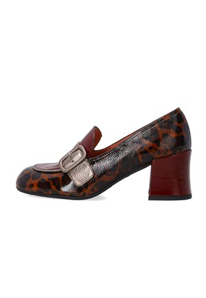 Leopard print high heel shoe with a glossy finish, featuring a maroon strap and metallic buckle, and a sturdy block heel.