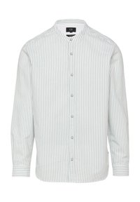 Langarm, knoopsluiting shirt met een staande kraag. Heeft afwisselend lichtblauwe en witte verticale strepen, gemaakt van een lichtgewicht stof.