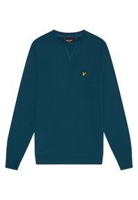 Suéter de cuello redondo en color teal, hecho de una tela suave. Presenta mangas largas y un pequeño logo bordado en dorado en el pecho.