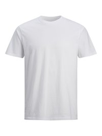T-shirt en coton blanc, col rond, manches courtes, coupe régulière, texture lisse, sans motifs ni graphiques, ourlet standard.