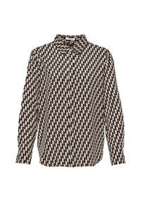 Camicia a maniche lunghe in tessuto beige con un motivo nero di rettangoli verticali, dotata di colletto classico e chiusura con bottoni.