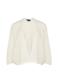 Kremowy kardigan o teksturze, luźnym kroju, z otwartym przodem i szerokimi rękawami. Posiada wzór w warkocze dla dodatkowego szczegółu. Miękki, przytulny materiał.