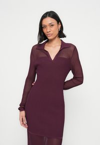 Ribbåndet kjole i dyp burgunder med V-hals og krage, med lange, gjennomsiktige ermer og en tettsittende silhuett. Myk tekstur, knelang stil.