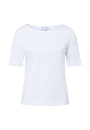 White short-sleeve crew neck t-shirt with a straight hem and a small clothing label inside the neckline.