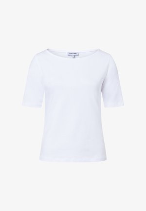 White short-sleeve crew neck t-shirt with a straight hem and a small clothing label inside the neckline.