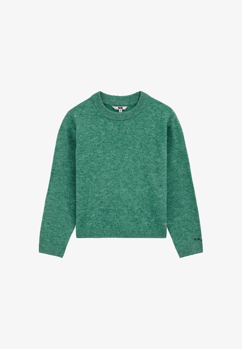 Pull vert à manches longues en maille avec col rond, poignets et ourlet côtelés, avec un petit logo brodé près du poignet gauche.