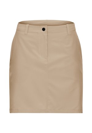Beige skirt with a fitted silhouette, made from smooth fabric. Features a button closure and belt loops, with a subtle front pocket detail.