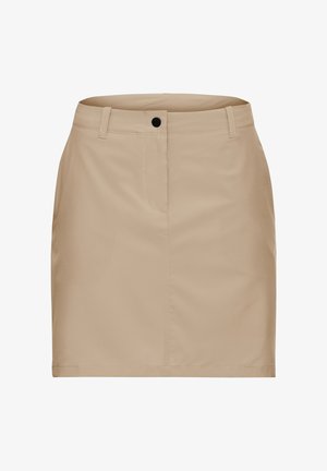 Beige skirt with a fitted silhouette, made from smooth fabric. Features a button closure and belt loops, with a subtle front pocket detail.