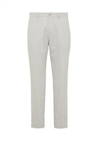 Helle graue Hose mit feiner Textur, ausgestattet mit einem Knopfverschluss und geradem Bein. Keine Taschen sind in der Vorderansicht sichtbar.