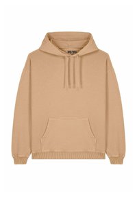 Felpa con cappuccio beige realizzata in tessuto morbido, dotata di tasca frontale, polsini e orlo a costine, con una vestibilità comoda e senza motivi visibili.